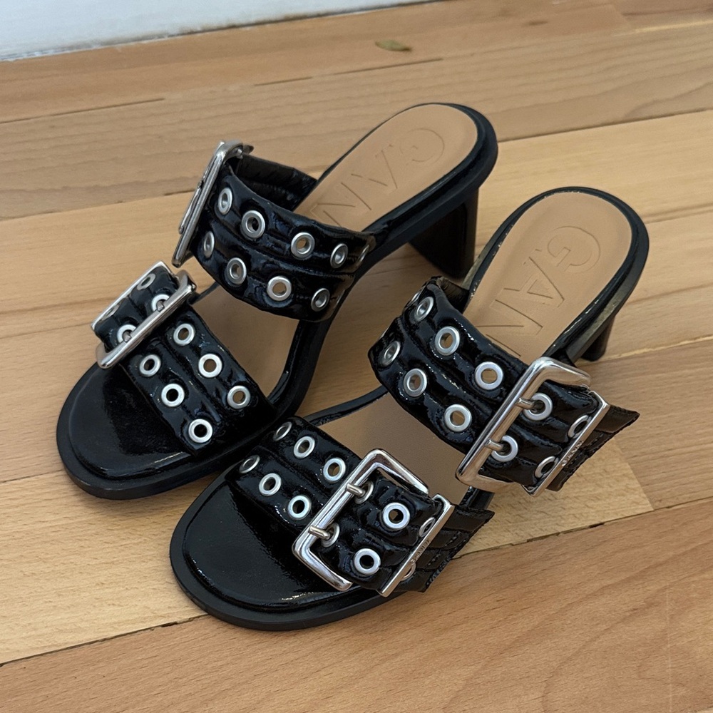 Ganni Black Heeled Sandals with Silver Buckles
